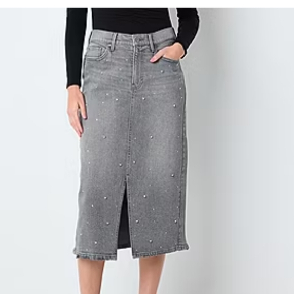 a.n.a Dresses & Skirts - a.n.a Womens High Rise Stretch Fabric Midi Denim Rhinestones Skirt Size 2 Grey